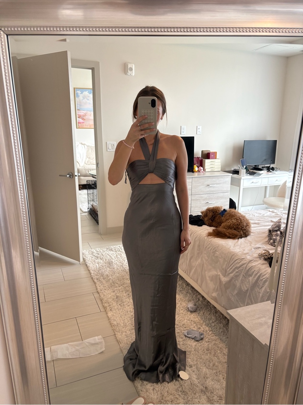 Shona Joy Charcoal Halter Cutout Satin Maxi Dress